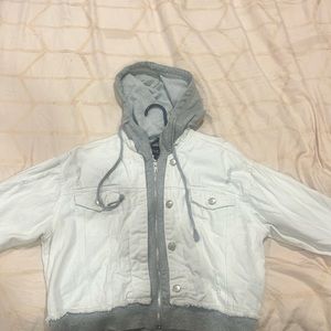 White denim layered cropped zip up